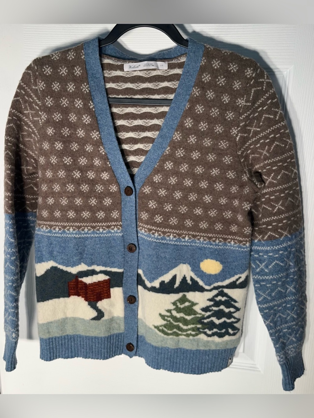 Woolrich Women’s Lambswool Snowy Mountain Winter Cabin Cardigan Sweater Large L